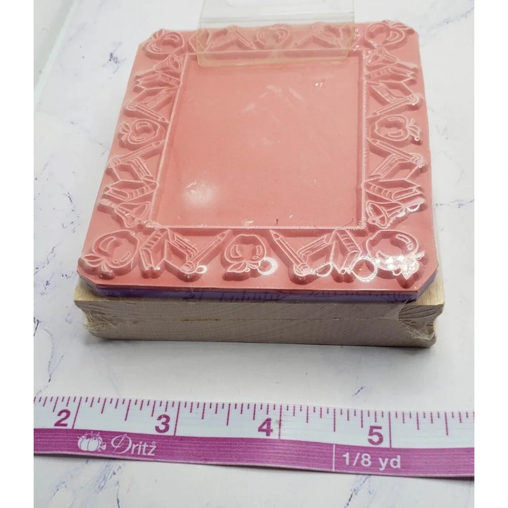 School Theme Frame Pencils Books and Apples Inkadinkadoo Mounted Rubber Stamp